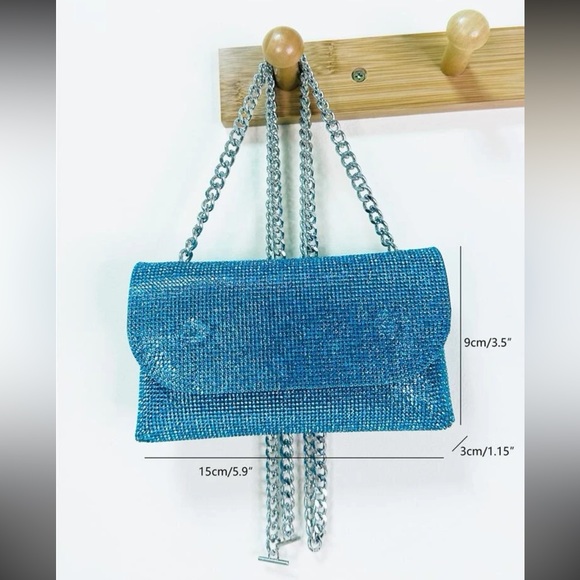 Rhinestone Crystal crossbody metallic wallet chain woc bag purse blue aqua - Picture 9 of 9